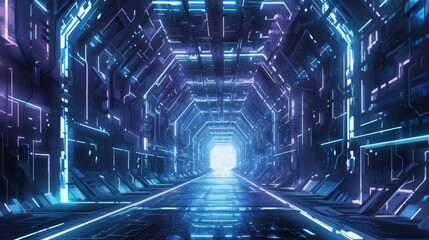Fototapeta premium Glowing blue neon tunnel with perspective and vanishing point