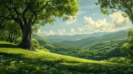 Fototapeta premium Idyllic summer landscape of green rolling hills, lush forest, and blue sky with fluffy clouds. Concept of nature, tranquility, and peace.