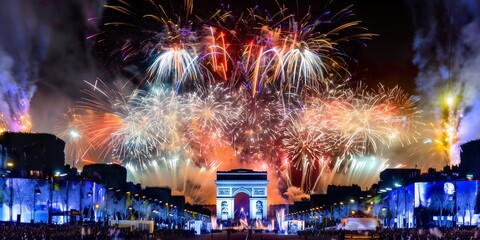 Fireworks illuminate the Arc de Triomphe during the Paris Olympic Games opening ceremony, capturing the vibrant celebration and excitement of the event.