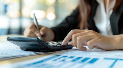 Close-up of a business's hands using a calculator in a home office generative ai