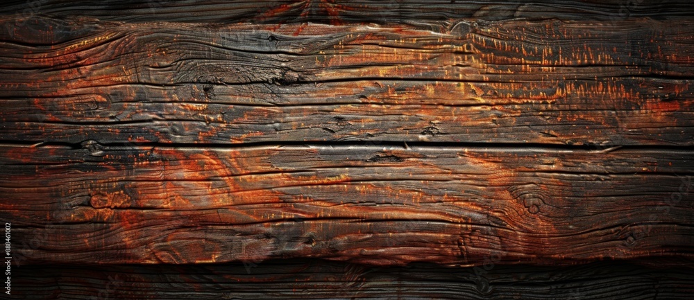 Poster dark brown wood texture background showing rich grain and knots with a vignette border, creating a v