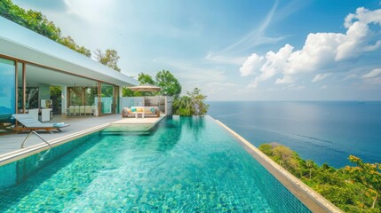 Obraz premium Luxury infinity pool villa overlooking the ocean with breathtaking view. Concept of luxury travel, vacation rental, and exotic getaway.