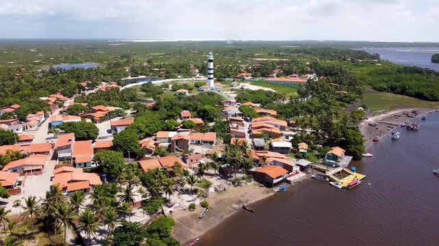 Mandacaru Lighthouse At Barreirinhas Maranhao Brazil. Breathtaking Aerial View Of A Lush Tropical Coastline Scenery. Shore Sky Clouds Beach Sea. Seaside Scenic Coastline. Barreirinhas Maranhao.