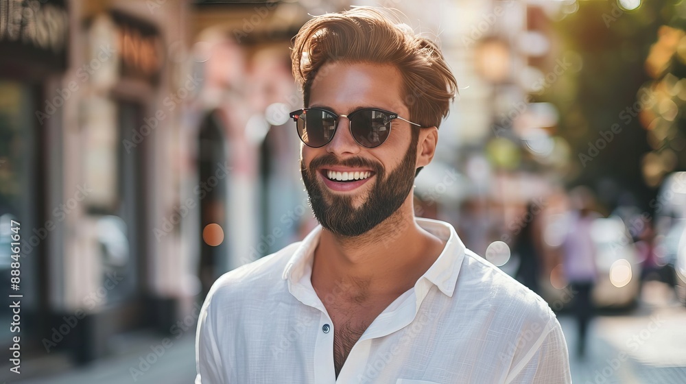 Wall mural A stylish young man with a beard and sunglasses smiles while standing on a street, wearing a white shirt.