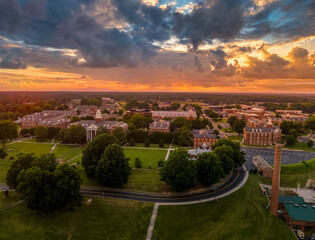 Aerial view of Virginia State University, historically black college with dramatic colorful sunset sky in Petersburg Virginia