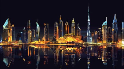 A stunning view of the UAE skyline with its iconic skyscrapers. This illustration features the futuristic Museum of the Future and other well-known buildings against a black background.
