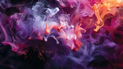 Obraz premium Dynamic fusion of purple, pink, and orange ink swirling