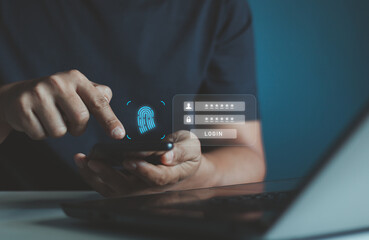 Cyber security concept. Businessmen protecting personal data on smartphone and fingerprint virtual interfaces, Account Access app to sign in securely, typing login and password, secure Internet access
