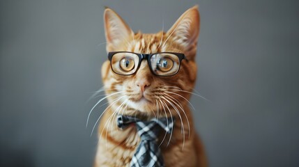 Funny cat in a tie and glasses on a gray background