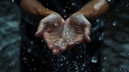 Hands catching splashing water droplets