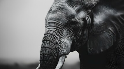 Close-up grayscale photo of an elephant