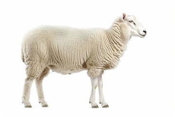 Fototapeta premium Portrait of a sheep with white coat, standing in profile on white background.