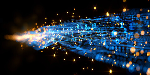 Creative blue hexagonal background with binary code. Technology, design and landing page concept. 3D Rendering.