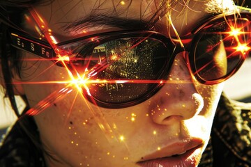 Stylish woman in sunglasses with sparkling reflections showcasing urban street fashion trends