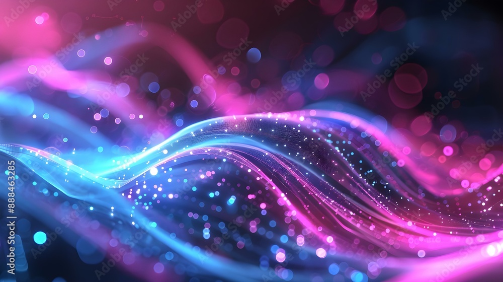 Wall mural pink and blue neon wave lines with bokeh lights