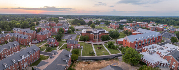 Aerial view of Virginia State University, historically black college with  sunset sky in Petersburg...