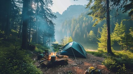 A tent in a forest. Campsite, pine trees and mountains. A stove, tent, and backpack. A person cooking on a fire. Camping adventure.