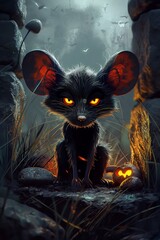 Cartoon-style mouse with glowing white eyes sitting in a dark, eerie environment