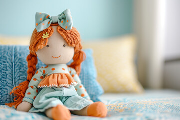 Plush Ragdoll looking cute on bed with plenty of copy space for text