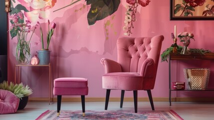 Pink chair with stool, table and floral decor in interior of room