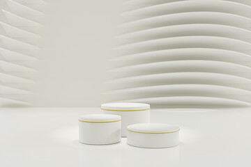 3 step of Blank white cylinder podium on white background, showcase for product. 3D render