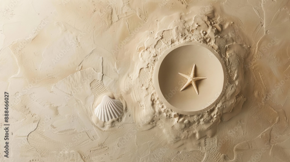 Sticker sand circle with seashell and star outline designer space aerial view