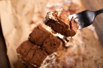 Chocolate-milk sweet fudge brownie cake on plate