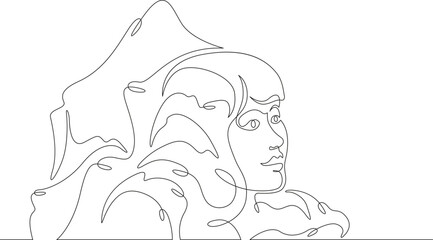 Rock in the shape of a woman's head. Mountain with a human face. Cliff female face.One continuous line drawing on a white isolated background. Minimalism linear illustration.