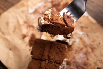 Chocolate-milk sweet fudge brownie cake on plate
