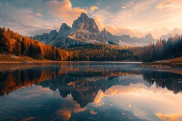 Obraz premium Reflective Mountain Landscape at Sunset