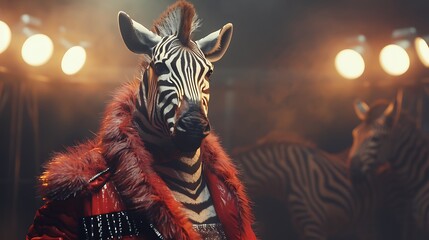 zebra dressed as a fashion model, posing on a runway, wearing stylish clothing and accessories, fashion show setting with lights
