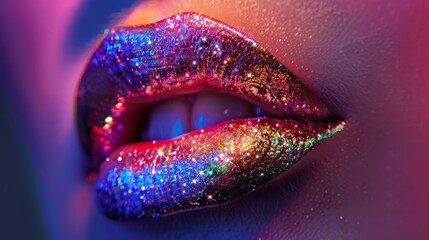 Vibrant glitter lips under colorful lighting