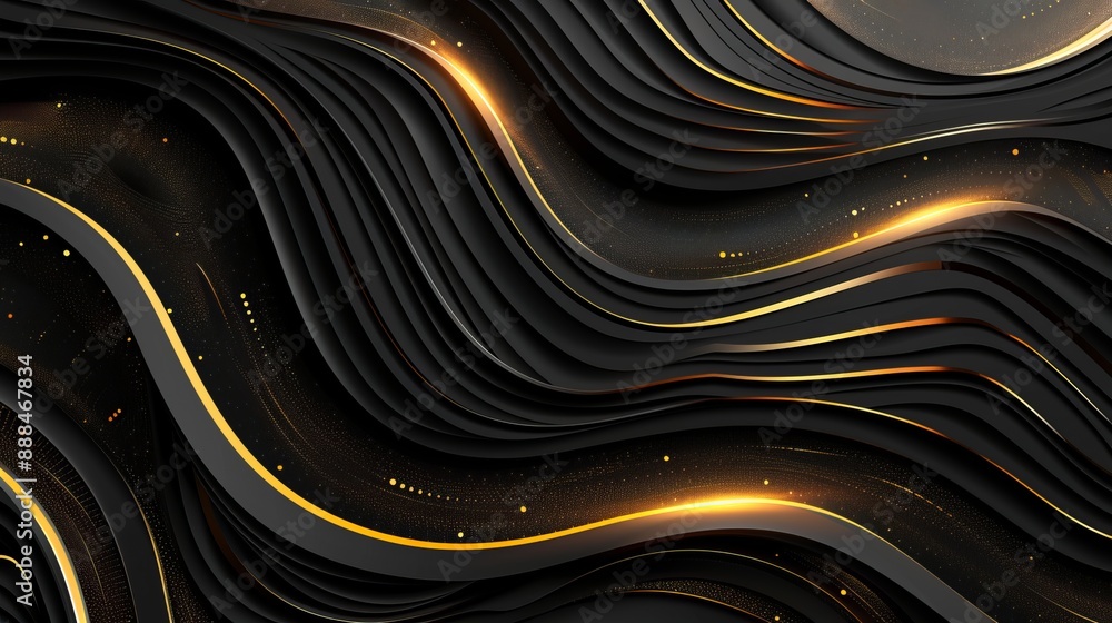 Poster abstract 3d black background with gold lines in curved wavy sparkle design featuring copy space for 