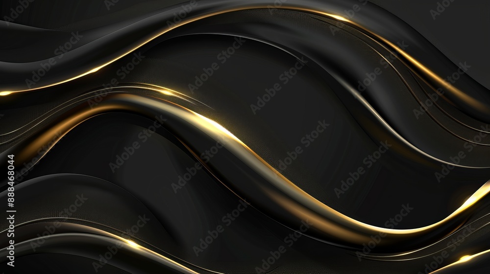 Poster abstract 3d black background with gold lines in curved wavy sparkle design featuring copy space for 