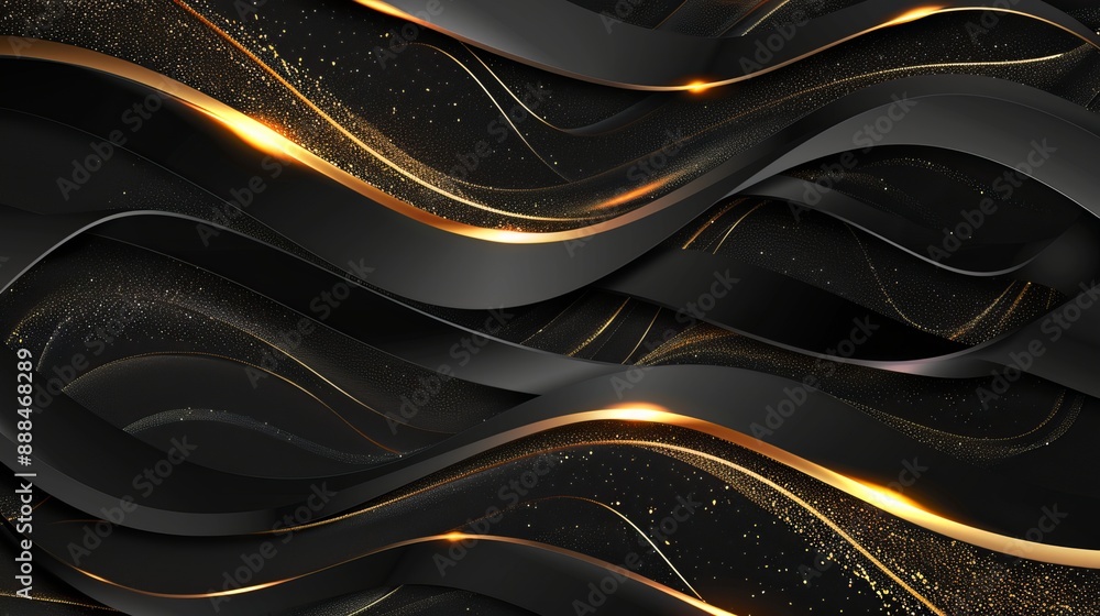 Poster abstract 3d black background with gold lines in curved wavy sparkle design featuring copy space for 