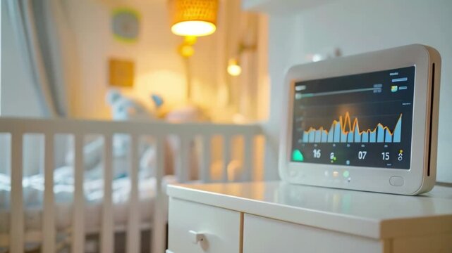 A white baby monitor displaying sleep data in a nursery with a crib in the background.