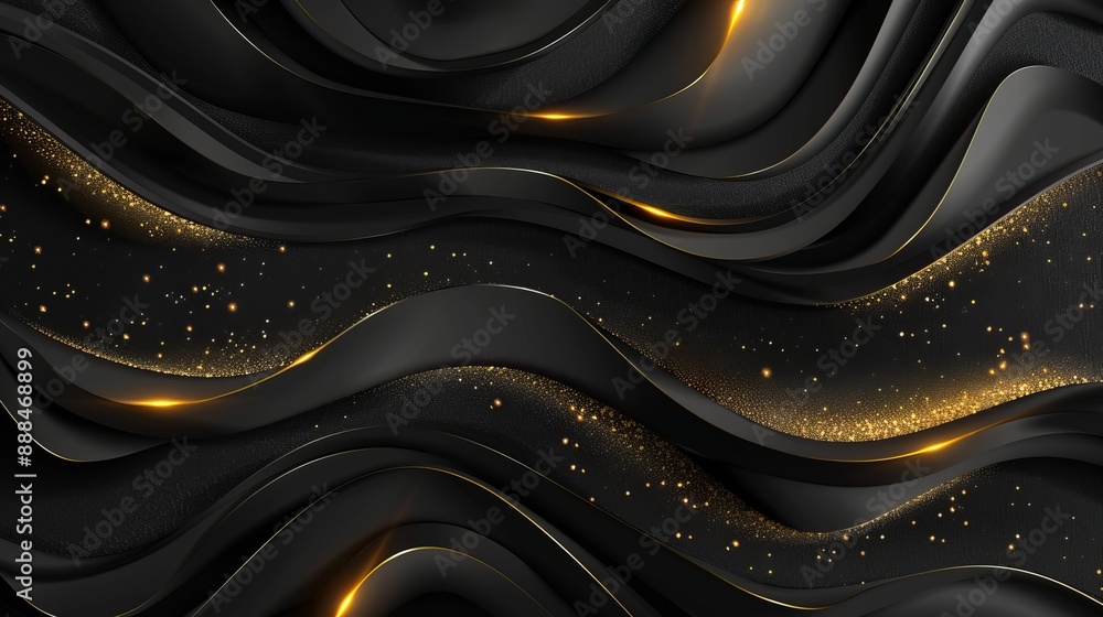 Poster abstract 3d black background with gold lines in curved wavy sparkle design featuring copy space for 