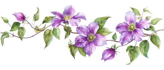 Fototapeta premium Clematis depicted with graceful watercolor vines isolate on white background