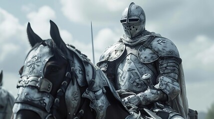 close-up of a medieval knight in armor on a horse, showcasing honor and valor.