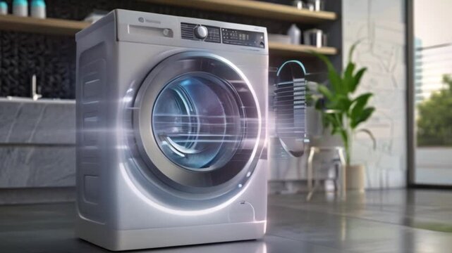 A modern washing machine with a blue digital display sits in a bathroom. The machine is white and sleek, with a stainless steel drum. The display shows a variety of settings and options.