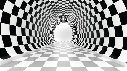 Naklejka premium Stunning Checkerboard Tunnel Design. Black and White Geometric Optical Illusion Art