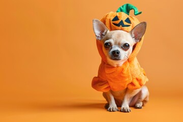 Chihuahua in Cute Pumpkin Halloween Costume on Orange Background
