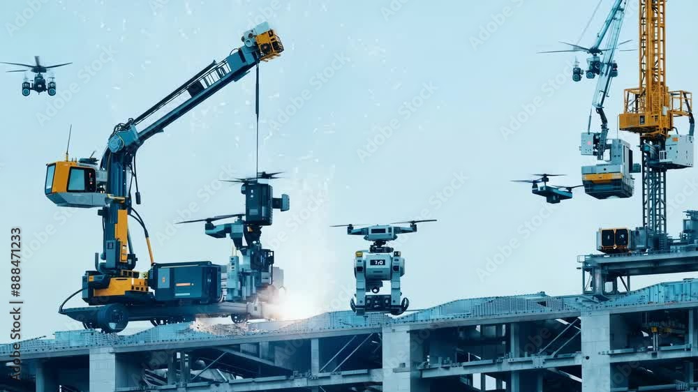 Aufkleber a group of robots work together to construct a building carrying heavy materials and assembling them