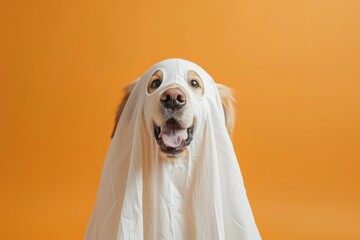 Happy golden retriever in a ghost Halloween costume with eye holes