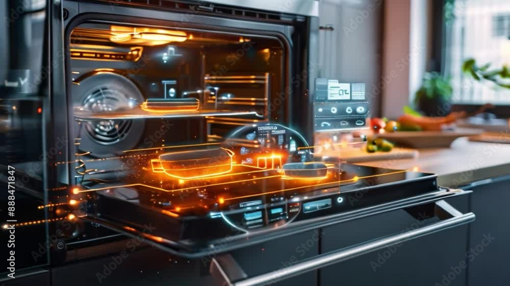 Poster a close-up shot of a modern oven with an integrated smart interface. the oven door is open, showcasi