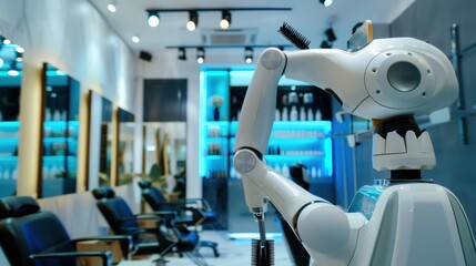 Fototapeta premium AI-powered robot hairdresser in a modern beauty salon. Concepts. robotics, automation, future of hairdressing, technology