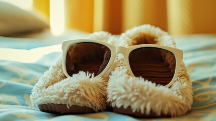 Fluffy bedroom slippers and sunglasses on a bed. concept of relaxation, vacation, or staycation