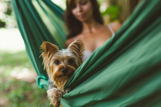 Yorkshire Terrier with a woman in a hammock, daily light, green background