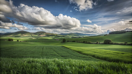 Obraz premium natural destination panoramic landscape, green grass field, Hills and mountains