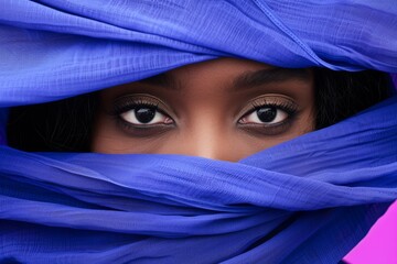 Fototapeta premium Mysterious woman with eyes peeking through vibrant blue fabric in captivating and enigmatic portrait